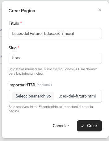 Formulario para crear nueva página en educ.pe